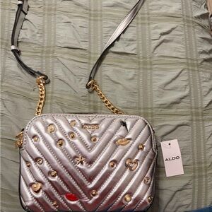 Aldo Metallic Silver Crossbody Bag with Gold Accents